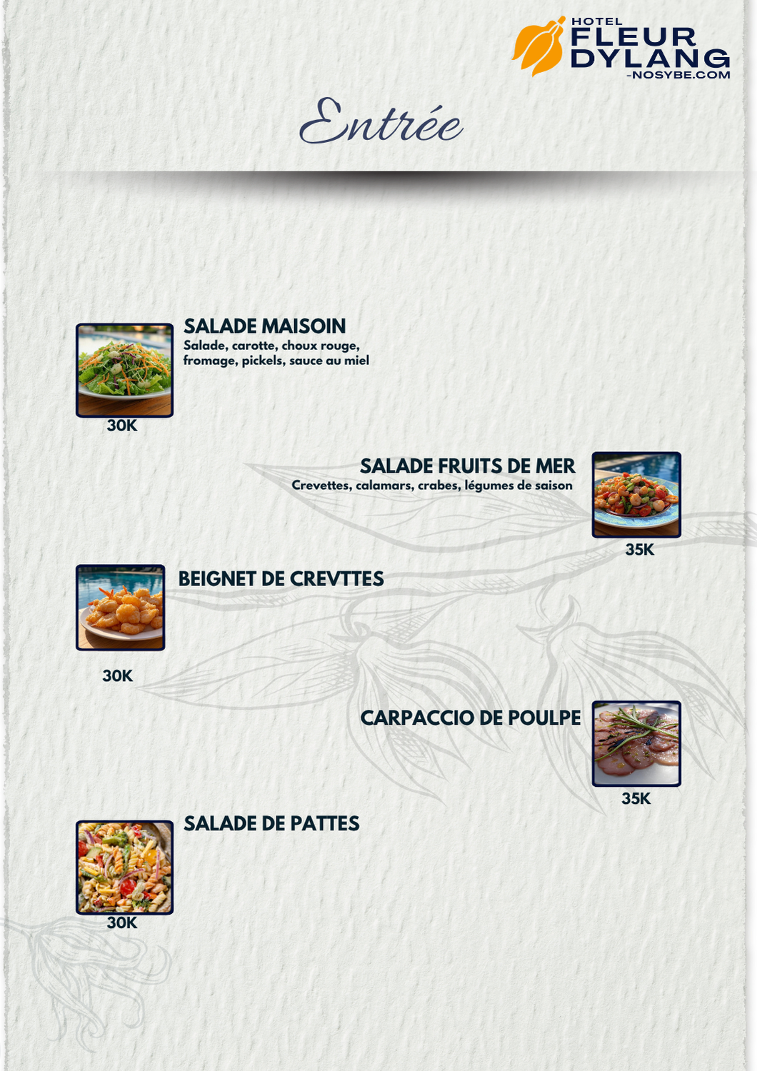 Carte Entrées — Restaurant Fleur d'Ylang